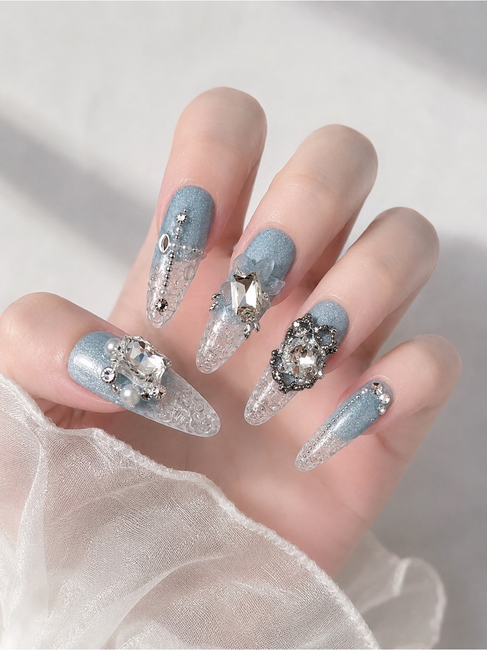 Ice Blue Crystal Press On Nails Long Luxury 3D Rhinestone Manicure Set